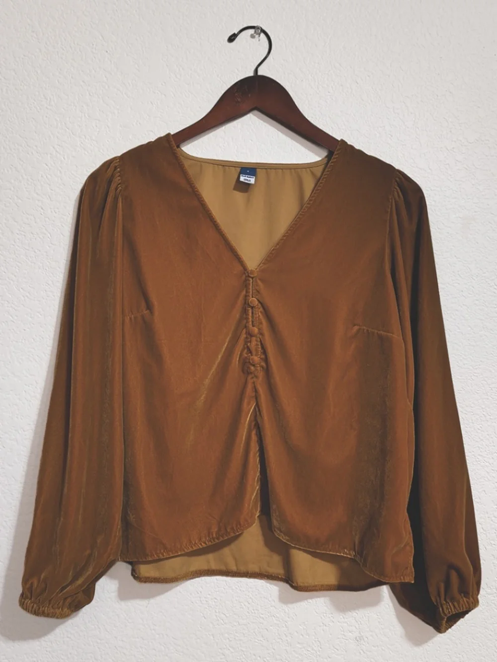 Old Navy Gold Velvet Small Blouse with Puff Sleeves V Neck Button Front Design